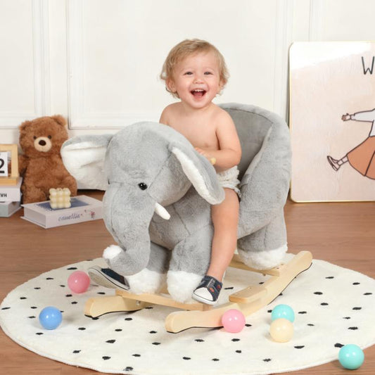 Grey plush elephant rocking horse ride-on toy with wooden rocker base