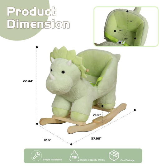 Plush green dinosaur rocking horse with curved wooden rocker base and padded seat, side view