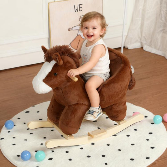Kids plush rocking horse toy with brown horse head and wooden rocker, front view