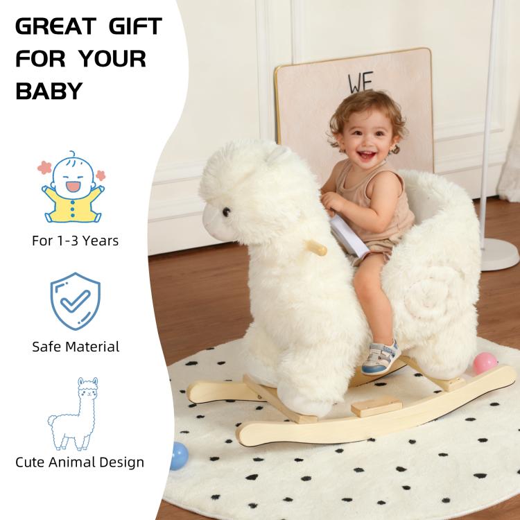 White plush alpaca rocking ride-on toy, carved wooden rocking base