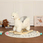 White plush alpaca rocking toy with wooden rocker base and side profile