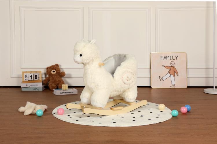 White plush alpaca rocking toy with wooden rocker base and side profile