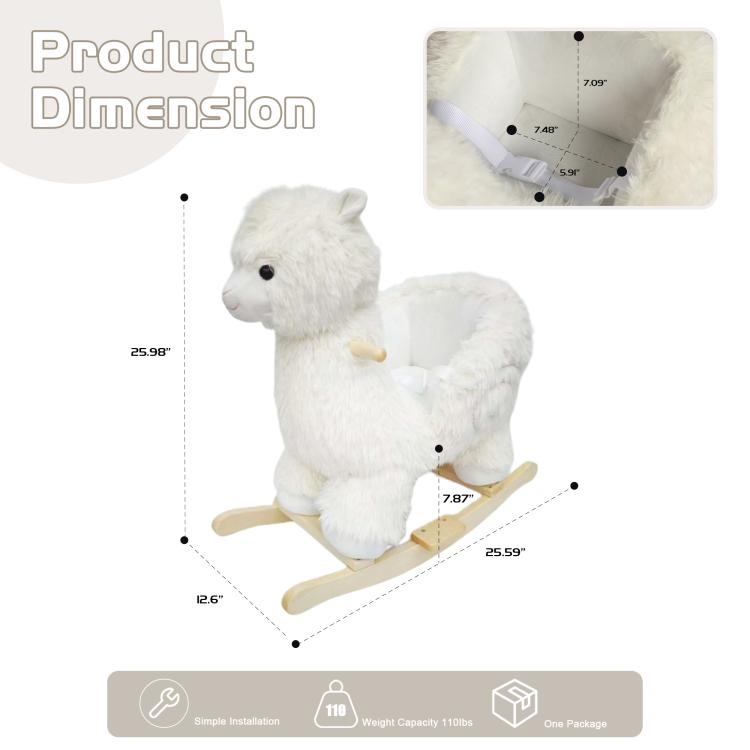 White plush alpaca rocking horse toy with wooden rockers and safety belt