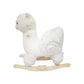 White plush rocking horse ride-on toy with wooden rocker base
