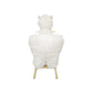 White plush rocking horse ride-on toy, rear view with wooden legs