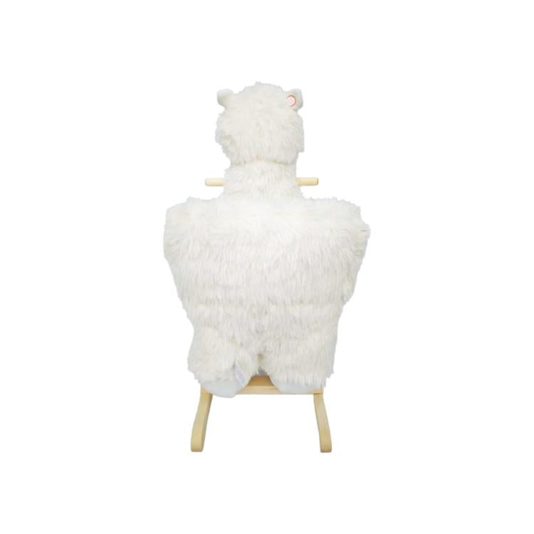 White plush rocking horse ride-on toy, rear view with wooden legs