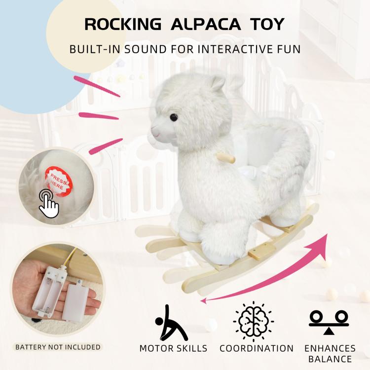 White plush rocking alpaca toy with built-in jingle sound and wooden base
