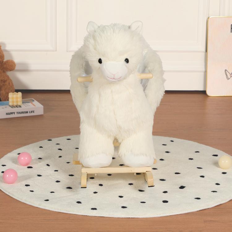White plush alpaca rocking horse toy with wooden base, plush face and legs