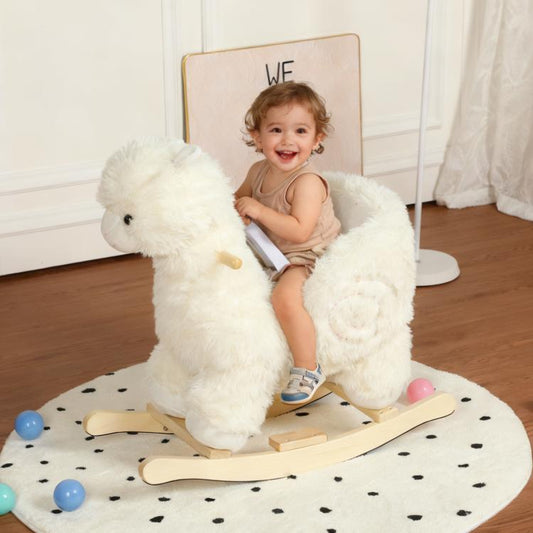 White plush alpaca rocking ride-on toy with wooden base and curved rockers