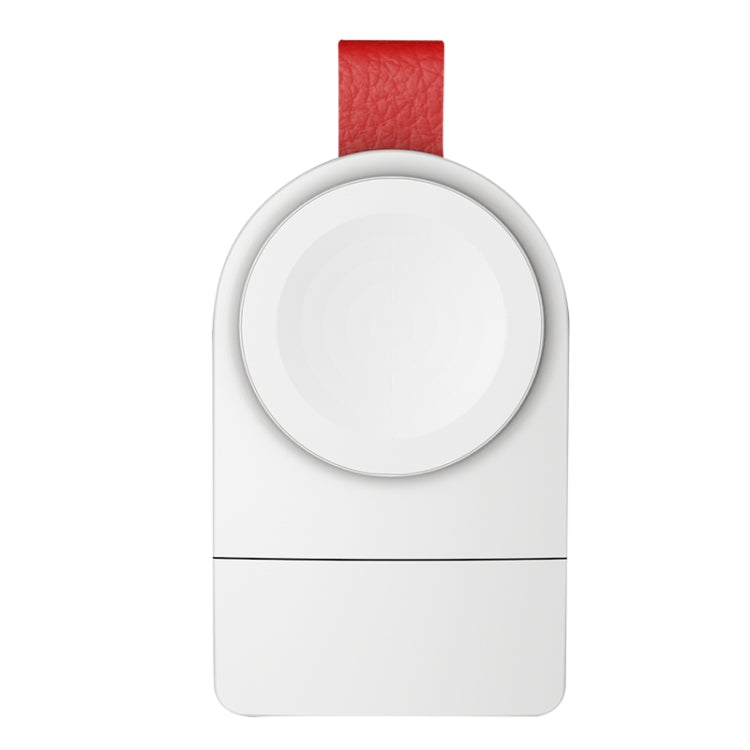 White magnetic wireless charging dock with circular charging pad and red strap