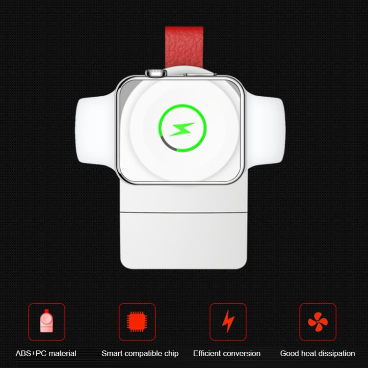 White magnetic wireless charger with red strap and green charging icon for smartwatch