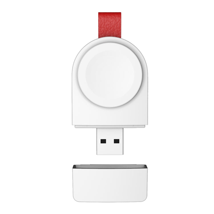 White magnetic charging dock with red strap and exposed USB plug