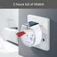 White magnetic charging dock plugged into wall outlet with Apple Watch on top