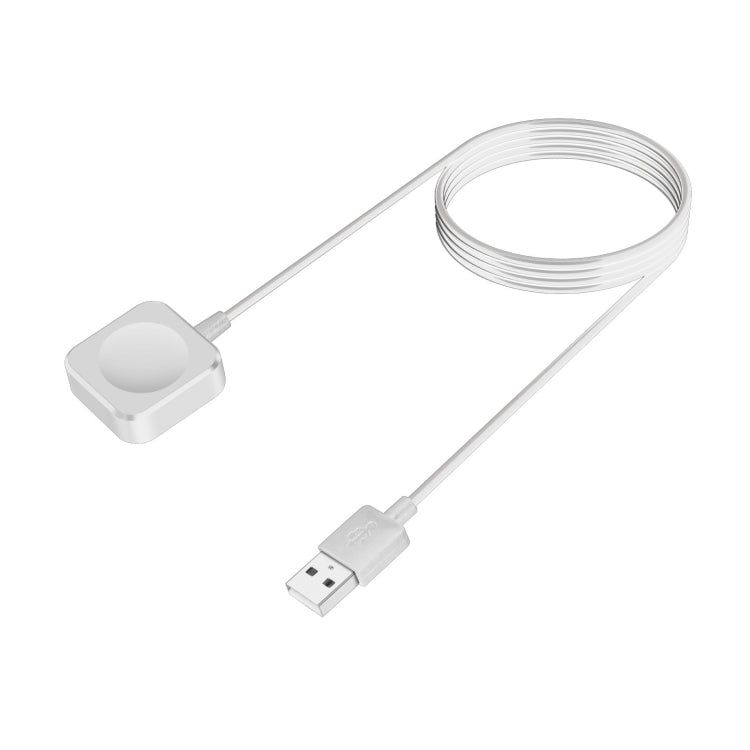 Magnetic watch charging cable with square white puck and USB-A to connector