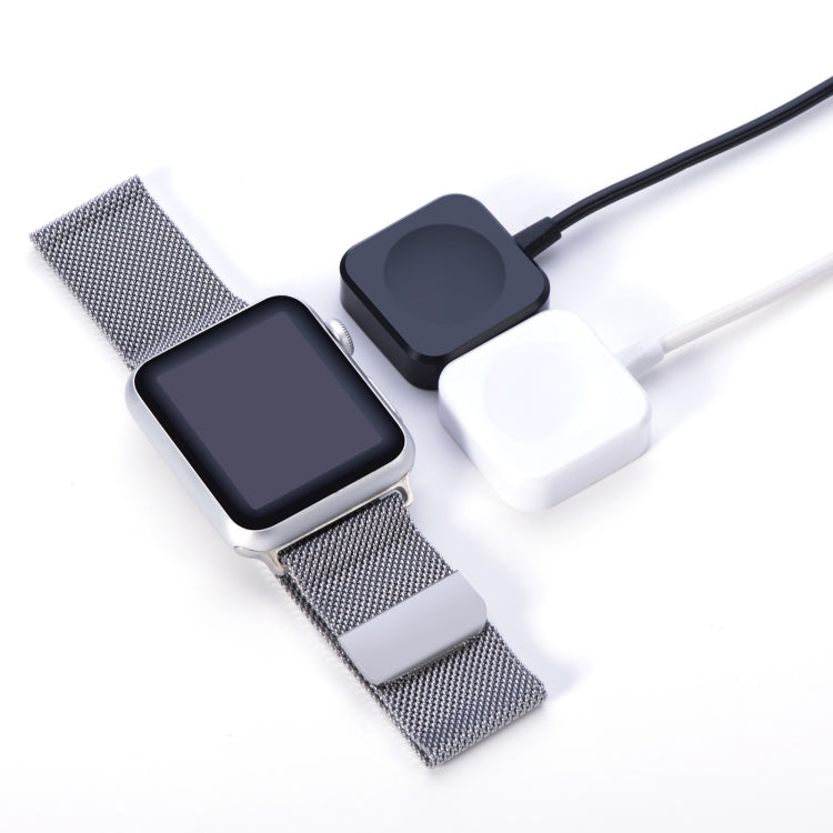 White magnetic watch charging cable with USB-A plug and square charging puck