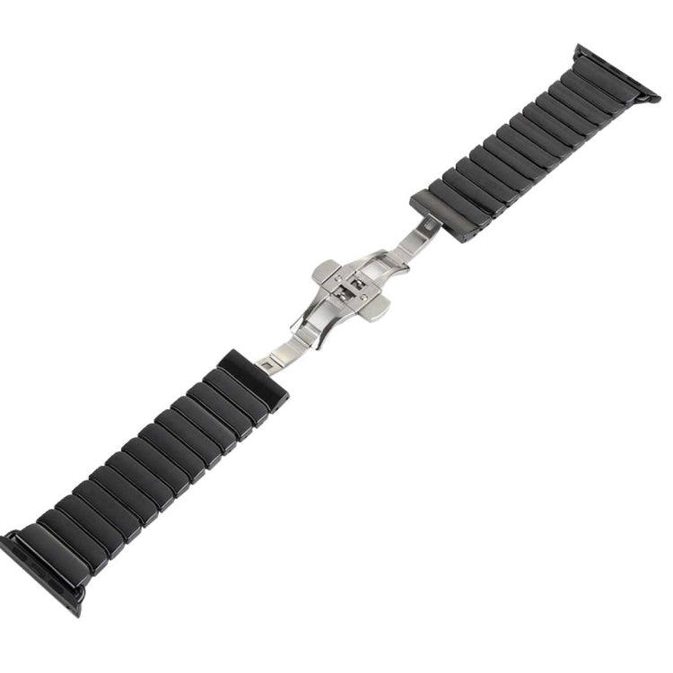 Black ceramic link watch band with brushed metal clasp and connector hardware