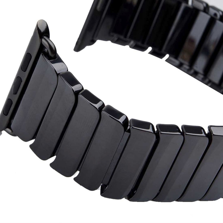 Black ceramic watch band links with glossy end pieces and clasp side details