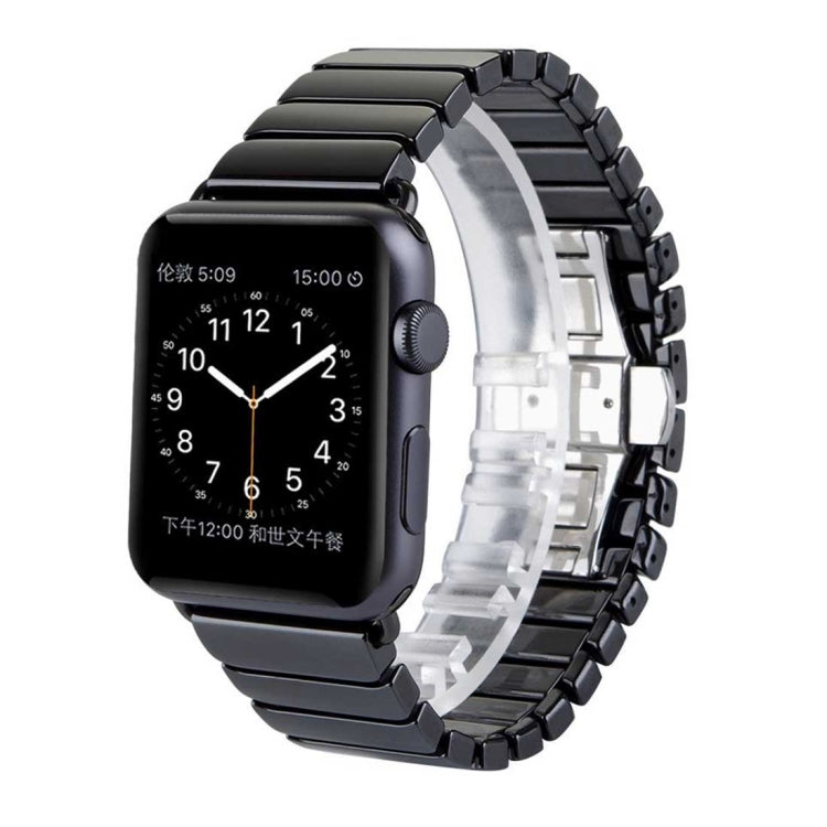 Black ceramic Apple Watch band on smartwatch with metal clasp, 42mm-style