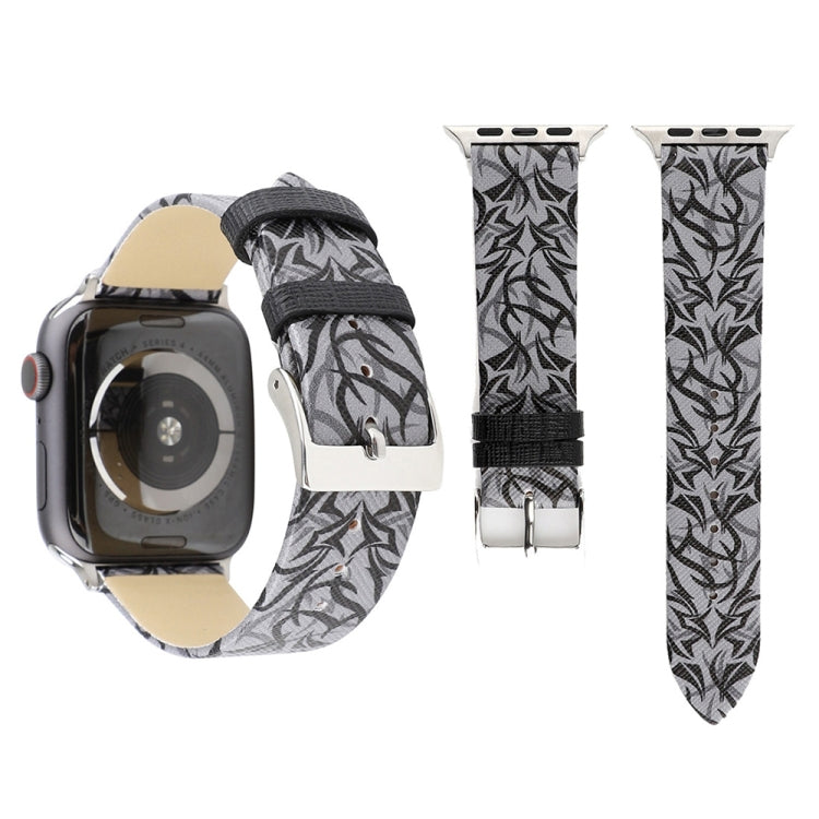 Grey thorn-pattern leather watch band with black woven strap, silver buckle and clasp