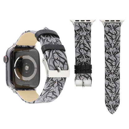 Grey thorn-pattern leather watch band with black woven strap, silver buckle and clasp