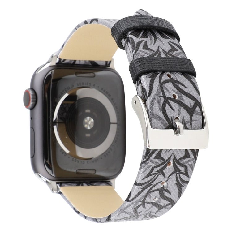 Grey thorn-pattern leather watch band with black stitched strap and silver buckle