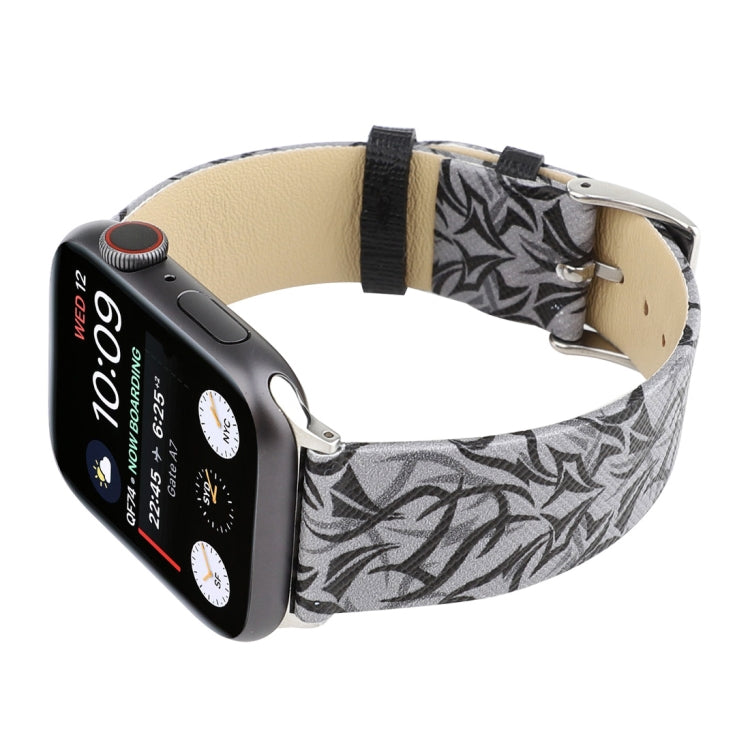 Grey thorn-pattern leather watch band with black strap and silver buckle on smartwatch