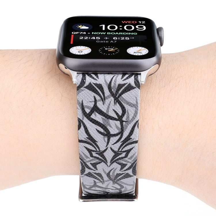 Grey thorn-pattern leather watch band with black stitching, fastened on a smartwatch