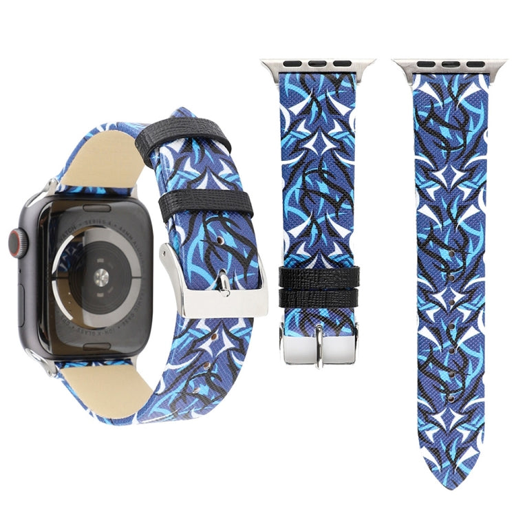 Blue thorn-pattern leather watch band with black stitched strap and silver buckle