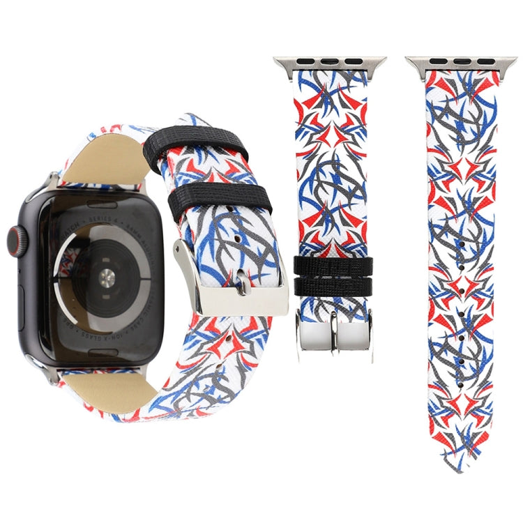 Red and blue thorn-pattern leather watch band with black strap, silver buckle and clasp