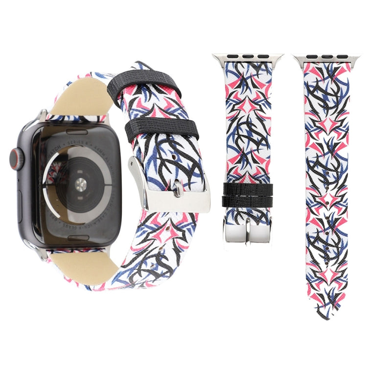 Genuine leather watch band with blue, red, and white thorns print, metal buckle