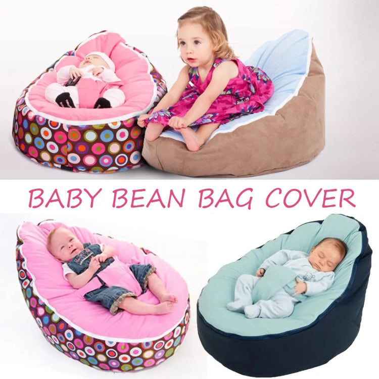 Baby bean bag cover in pink and blue, rounded pods shown with babies inside