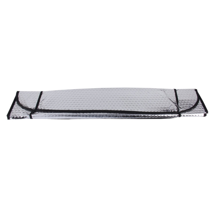 Reflective car sun visor, rectangular silver panel with black edge stitching
