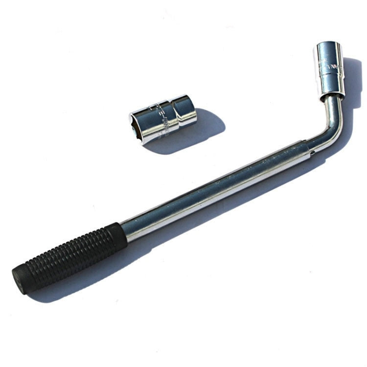 Retractable tire wrench with angled head and chrome socket tips, black textured grip.