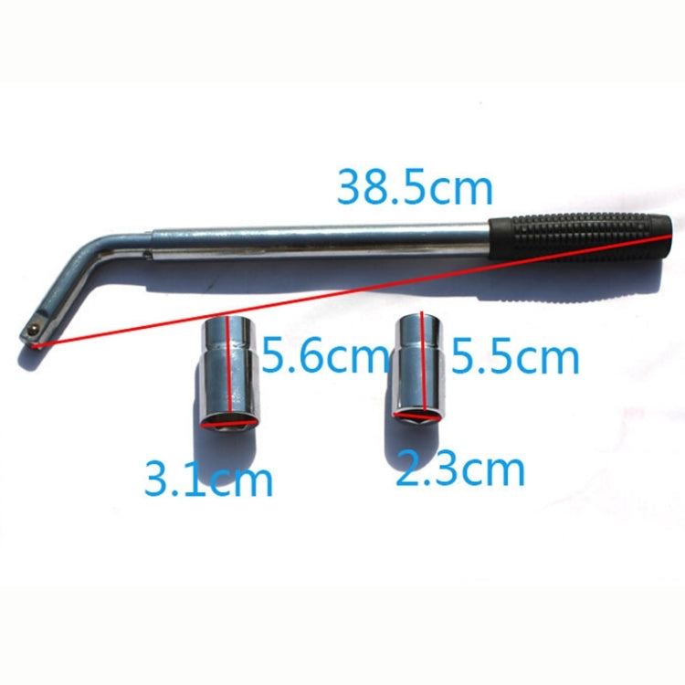 Retractable tire wrench dimensions shown: 38.5 cm length, 5.6 cm and 2.3 cm socket sizes.
