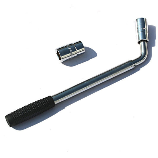 Retractable tire wrench with angled head and chrome socket tips, black textured grip.