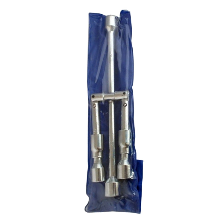 Foldable cross wrench set in blue storage pouch, chrome tool heads