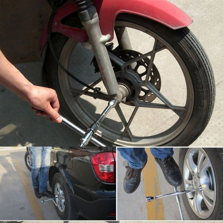 Foldable cross wrench turning wheel hub fasteners on a motorcycle wheel