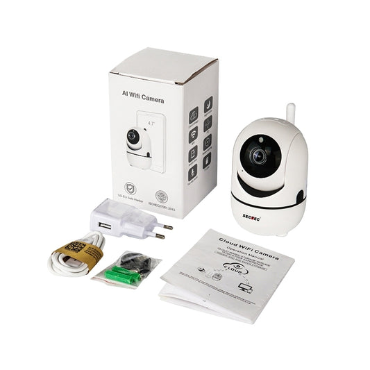 SECTEC white AI WiFi camera kit with box, camera, cables, and instruction papers
