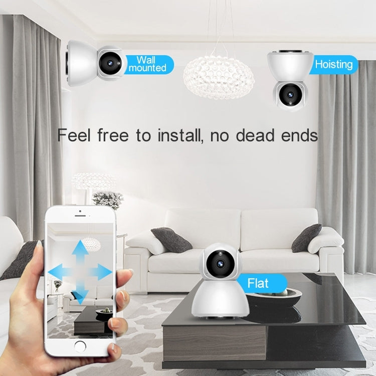 White wireless security camera with wall-mount and tabletop base, front lens visible
