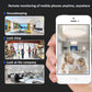 White wireless security camera with front lens, shown alongside a phone app view