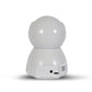 White wireless dome security camera bottom view with power port and label panel