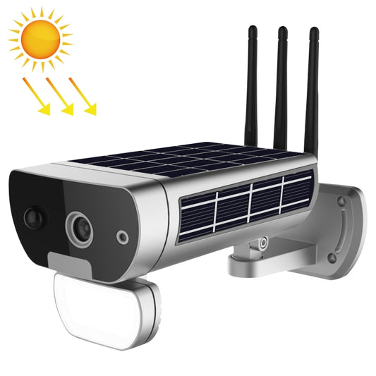 Solar security camera with white body, black lens, solar panel, spotlight, and three antennas
