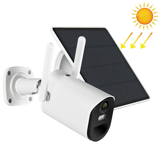 White solar security camera with wall mount, angled black solar panel, front lens visible