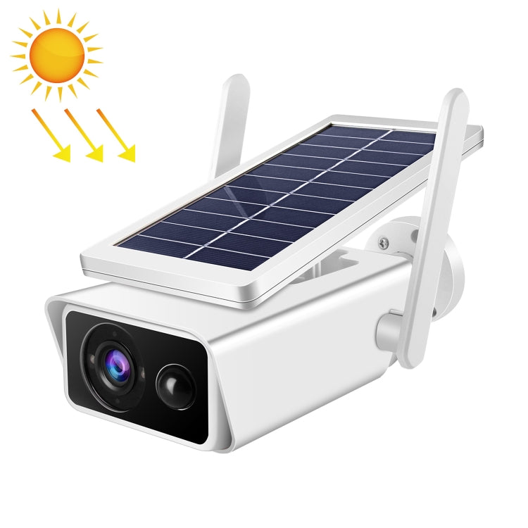 Solar-powered security camera with dual antennas and blue solar panel, white housing