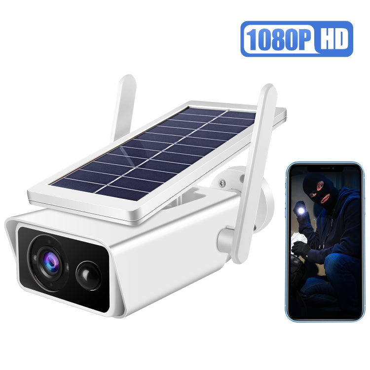 White solar security camera with dual antennas and solar panel, side angle with phone view