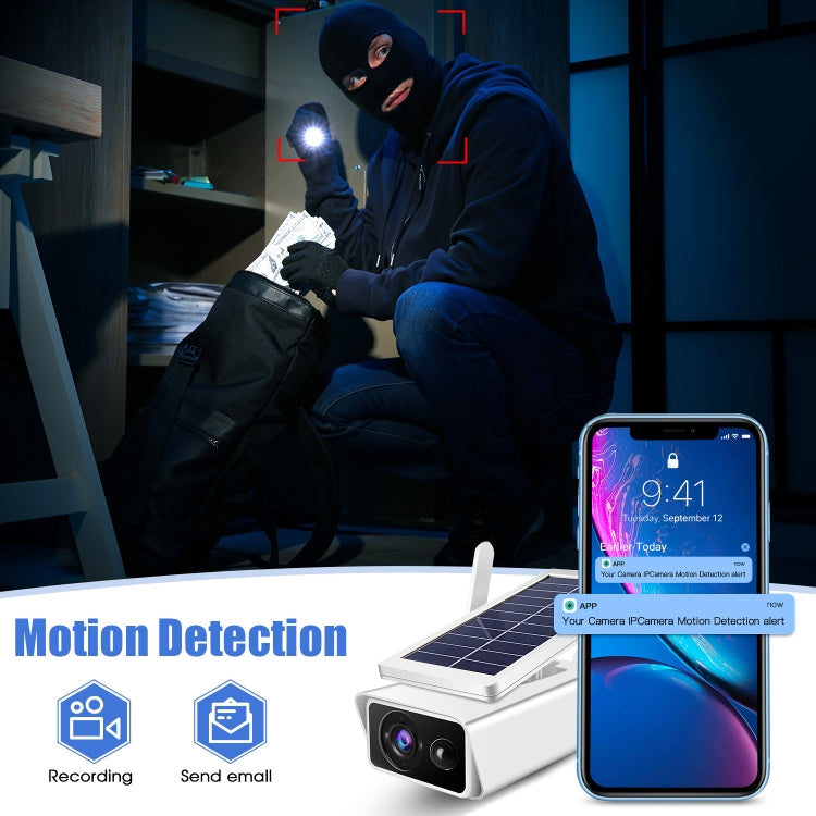 Solar-powered security camera with solar panel and lens, night motion scene with phone alert