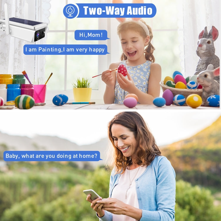 Solar security camera with solar panel and lens, two-way audio scene with child and pets