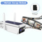 White solar security camera with dual antennas and solar panel, near film strip and card icon
