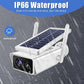 White solar security camera with dual antennas and solar panel, waterproof rain protection view