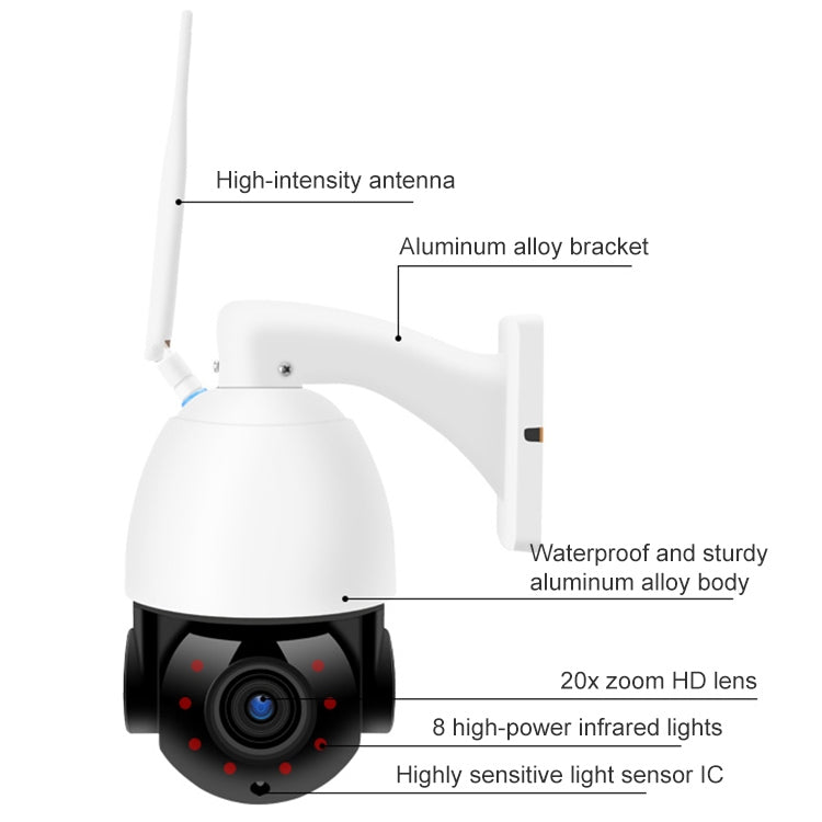 WiFi dome security camera with antenna, 20x zoom HD lens and infrared LEDs